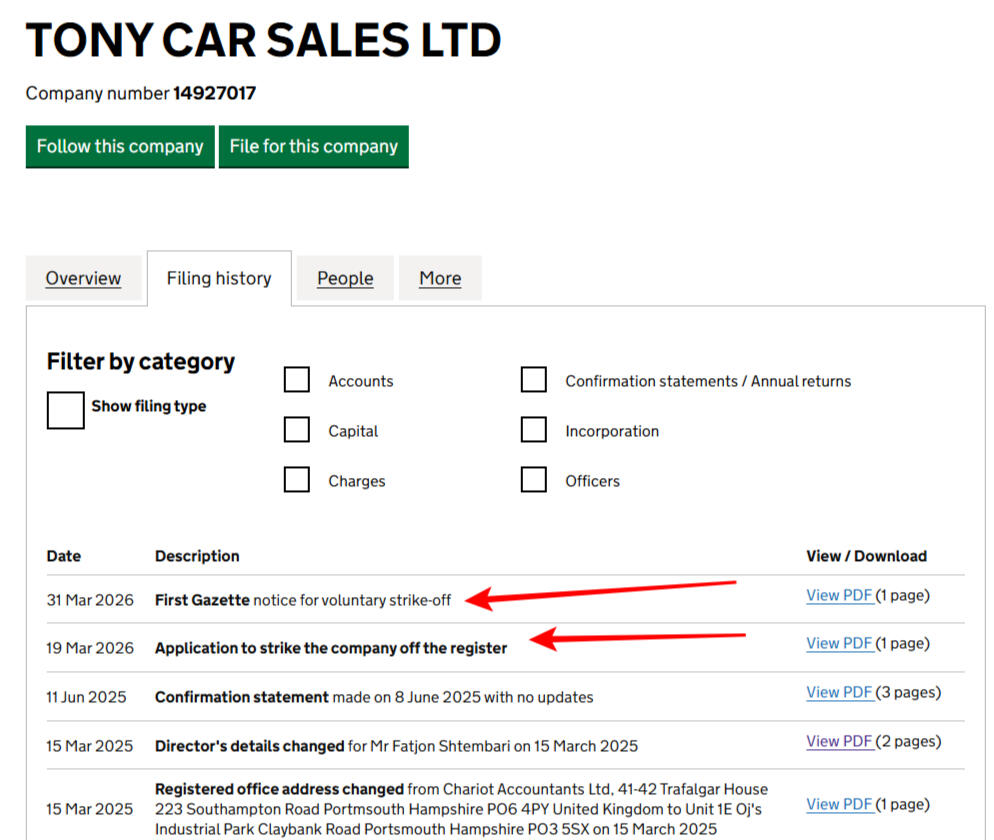 🚩 alt=Purchase invoice from Tony Car Sales Ltd Portsmouth showing sale of used car - Proof of transaction with dealer at Claybank Road PO3 5SX - Used cars Portsmouth warning