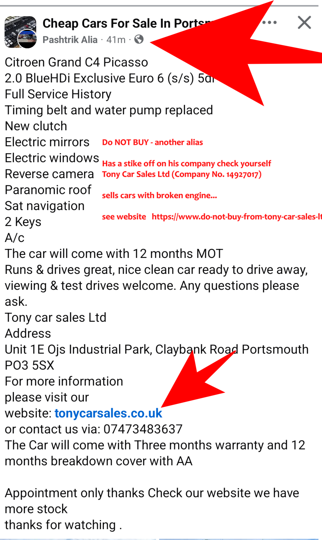 img src=Alia Pushtrik and Tony Car Sales alt=Portsmouth Used Car Warning Advert by Alia Pushtrik - connected to Tony Car Sales Ltd, Fatjon Shtembari, Albi Car Sales & PTH Car Sales. Company attempted DS01 strike-off after court claim. Engine failure report